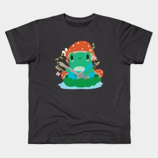 Cottagecore Aesthetic Frog Playing Banjo Mushroom Hat Kawaii Kids T-Shirt